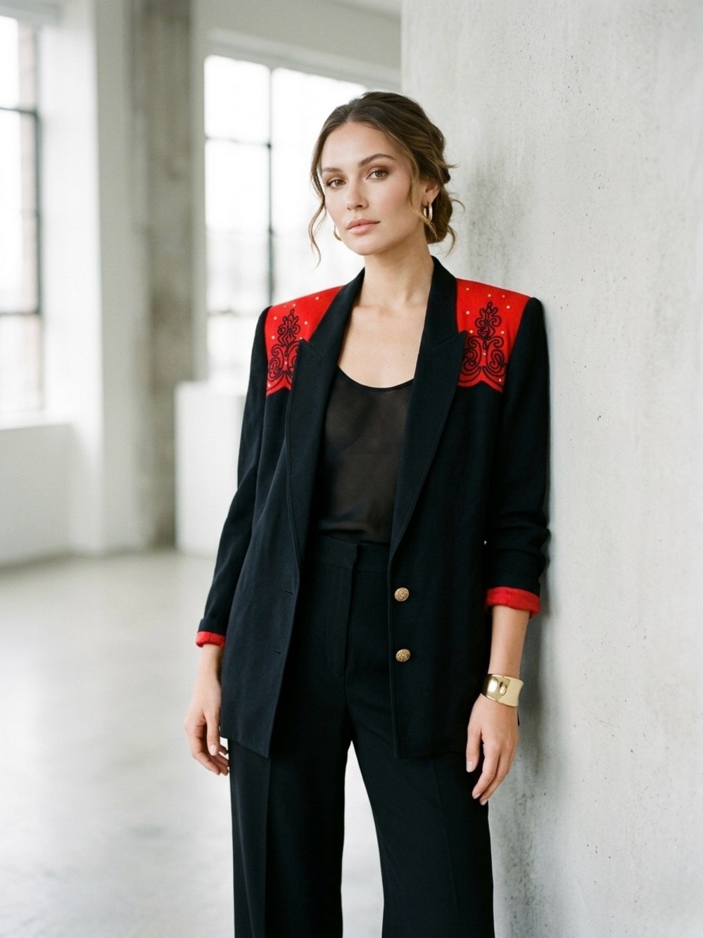 Black Blazer with Red Embroidered Shoulders - Women's Jacket | M
